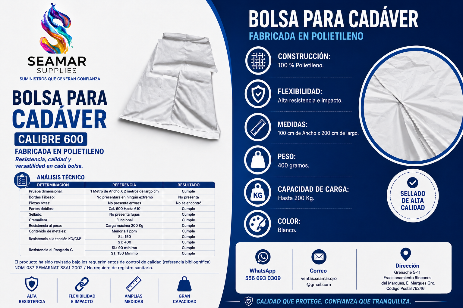 Bolsa para cadáver en color blanco calibre 600